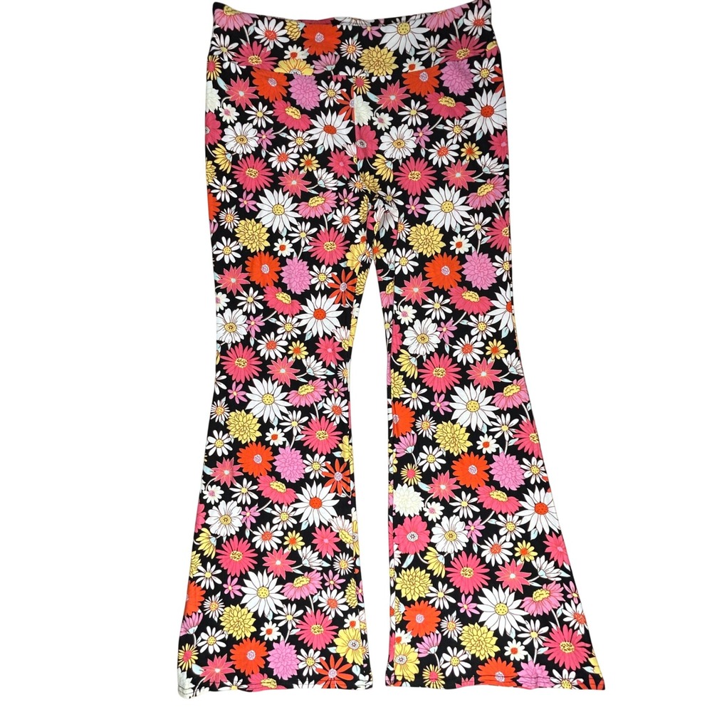 Hippie 60s 70s Retro Floral Flare Pants XXL 19 Black Pink Daisy Bell Bottoms NWT